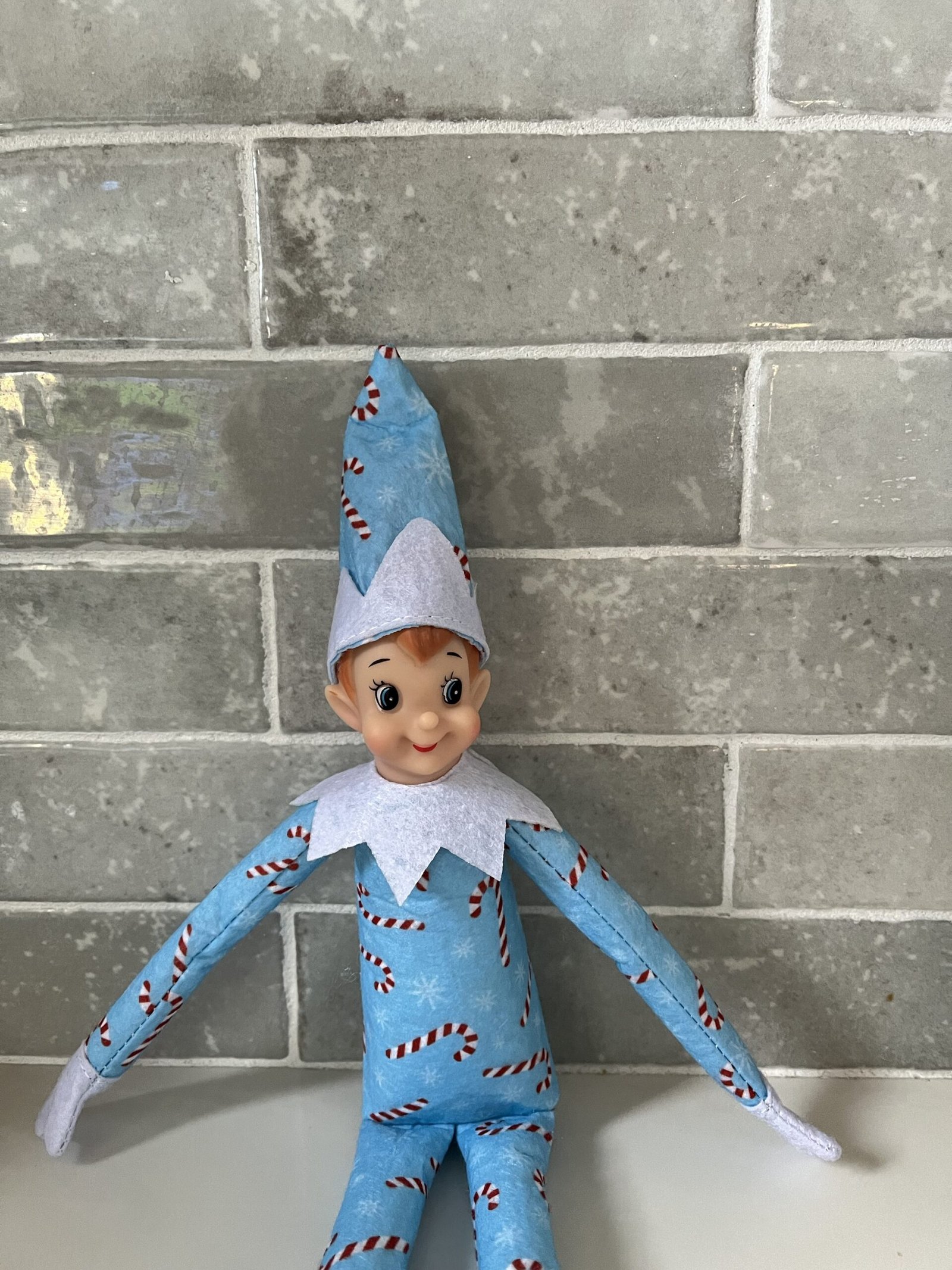 Christmas Cadets Blue Candy Cane Print Boy Elf Doll, Holiday Elves - Image 3
